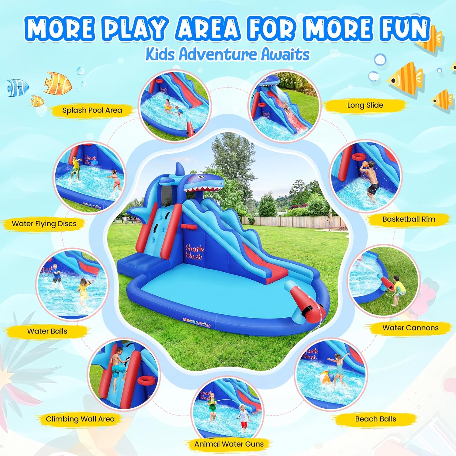 Shark-Themed Inflatable Water  - đánh giá và giá Kids Outdoor Inflatable Water Slide